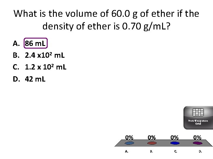 What is the volume of 60. 0 g of ether if the density of