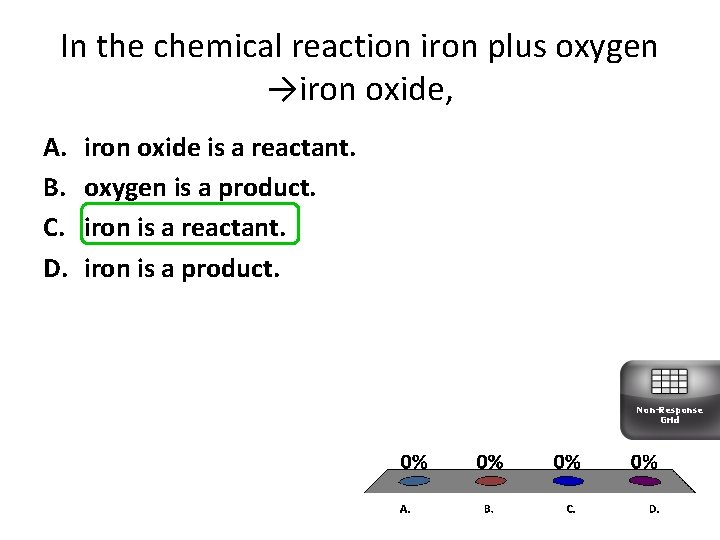 In the chemical reaction iron plus oxygen →iron oxide, A. B. C. D. iron