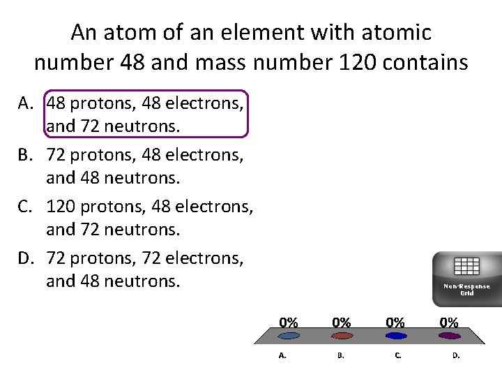 An atom of an element with atomic number 48 and mass number 120 contains