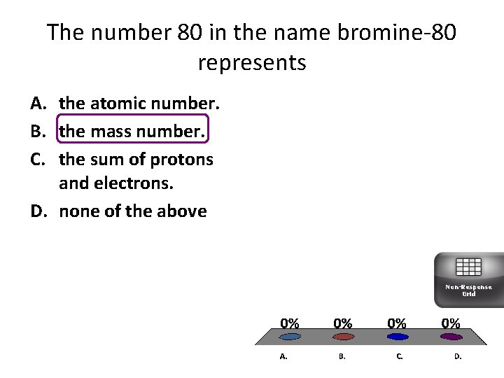 The number 80 in the name bromine-80 represents A. the atomic number. B. the