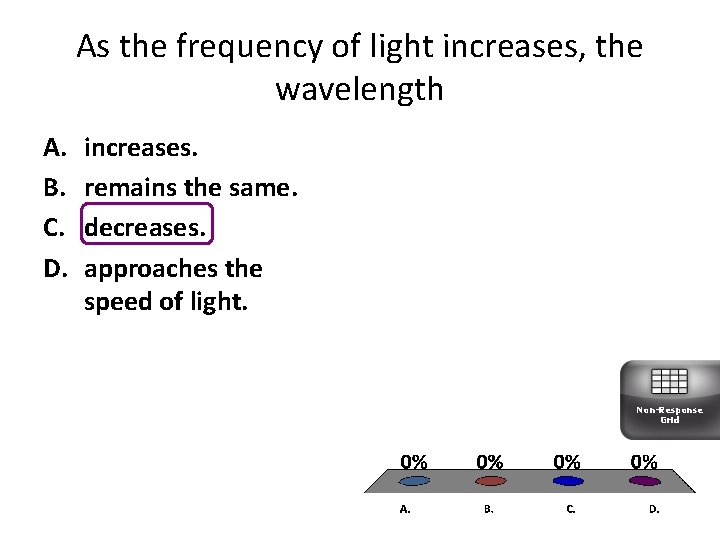 As the frequency of light increases, the wavelength A. B. C. D. increases. remains