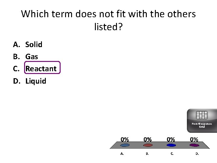 Which term does not fit with the others listed? A. B. C. D. Solid