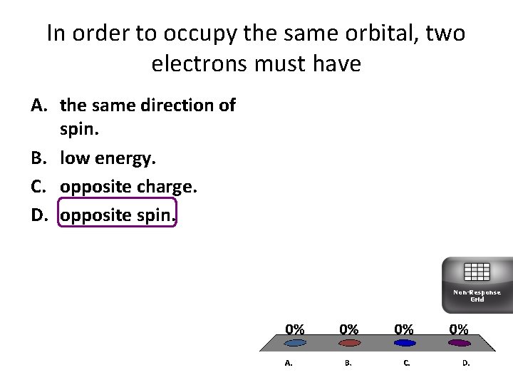 In order to occupy the same orbital, two electrons must have A. the same