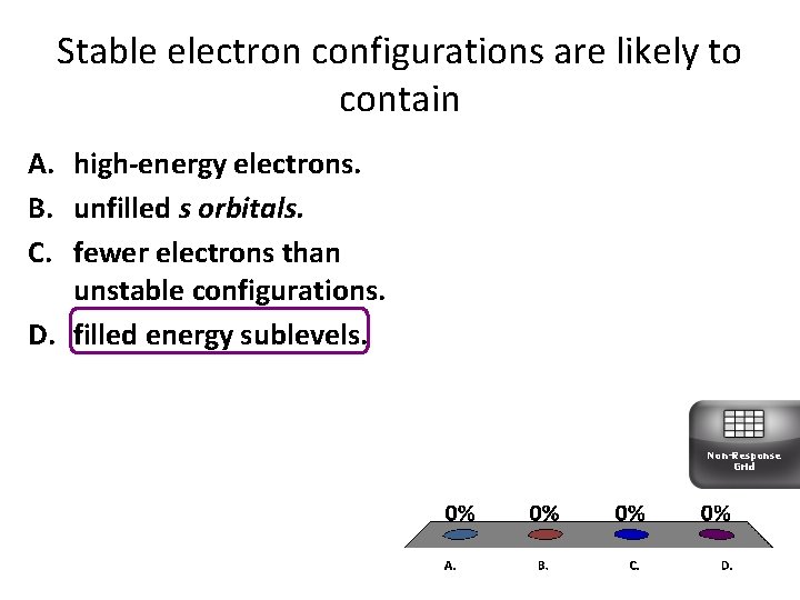 Stable electron configurations are likely to contain A. high-energy electrons. B. unfilled s orbitals.