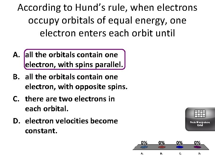 According to Hund’s rule, when electrons occupy orbitals of equal energy, one electron enters