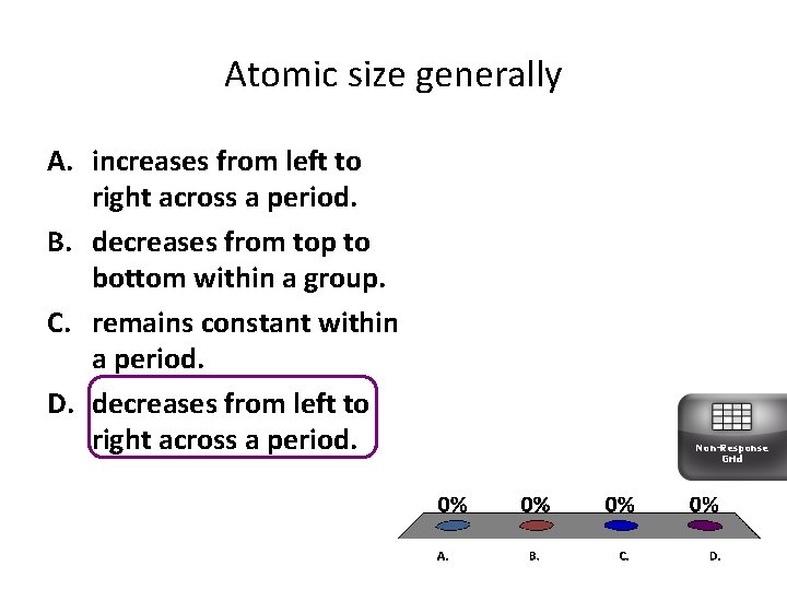 Atomic size generally A. increases from left to right across a period. B. decreases