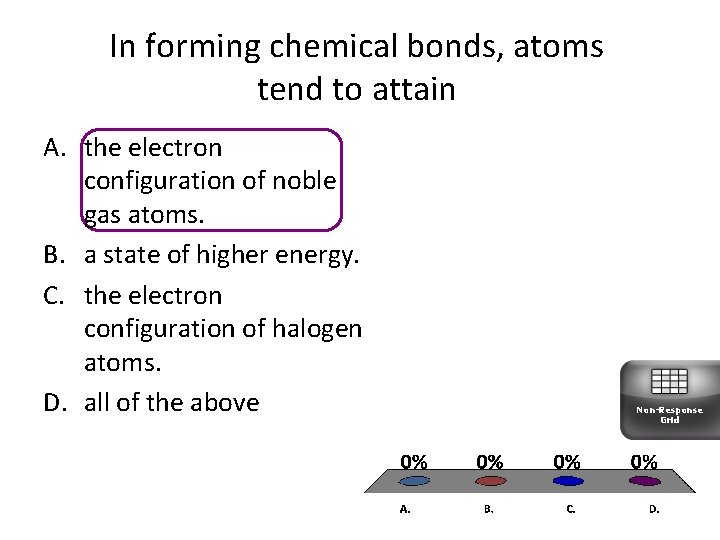 In forming chemical bonds, atoms tend to attain A. the electron configuration of noble