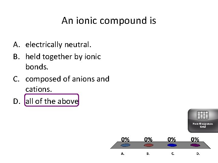 An ionic compound is A. electrically neutral. B. held together by ionic bonds. C.