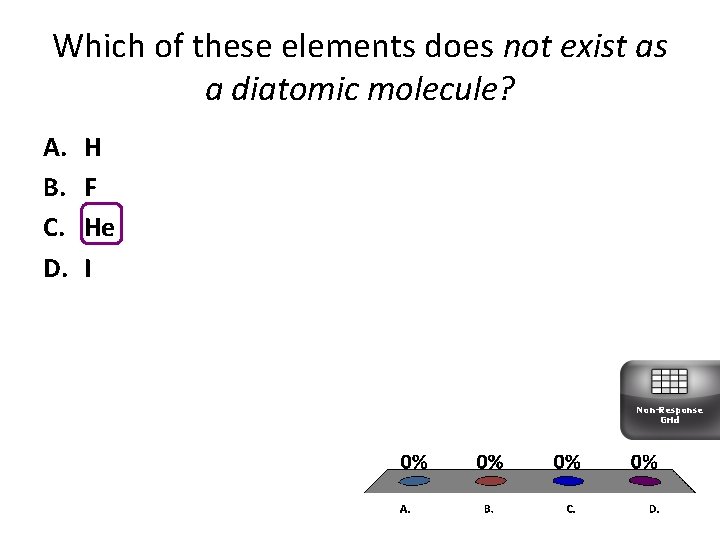 Which of these elements does not exist as a diatomic molecule? A. B. C.