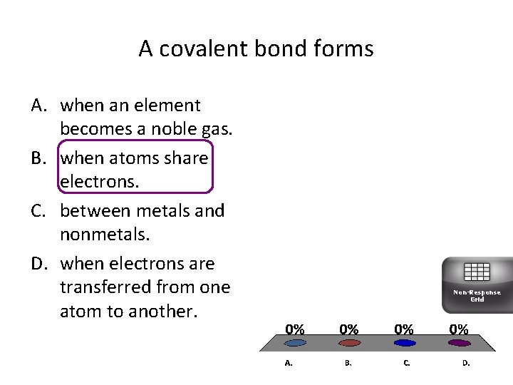 A covalent bond forms A. when an element becomes a noble gas. B. when