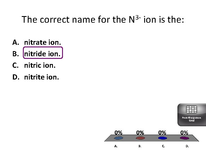 The correct name for the N 3 - ion is the: A. B. C.