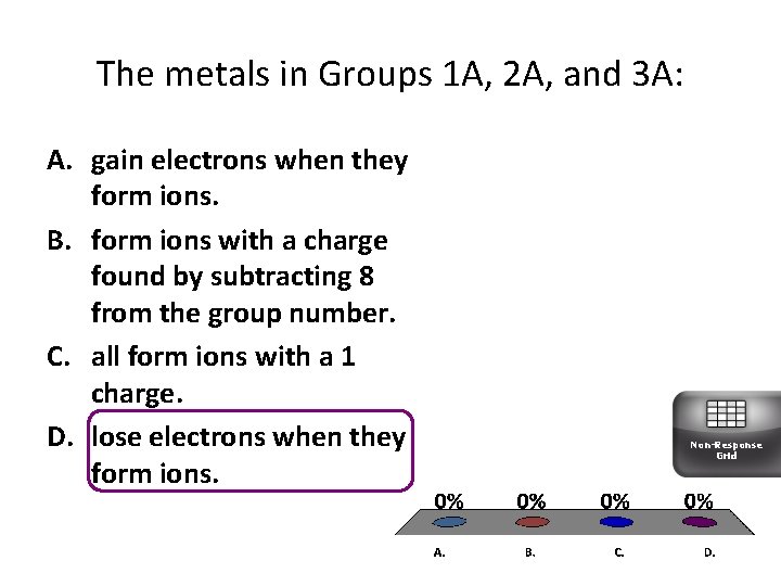 The metals in Groups 1 A, 2 A, and 3 A: A. gain electrons
