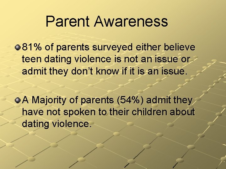 Parent Awareness 81% of parents surveyed either believe teen dating violence is not an