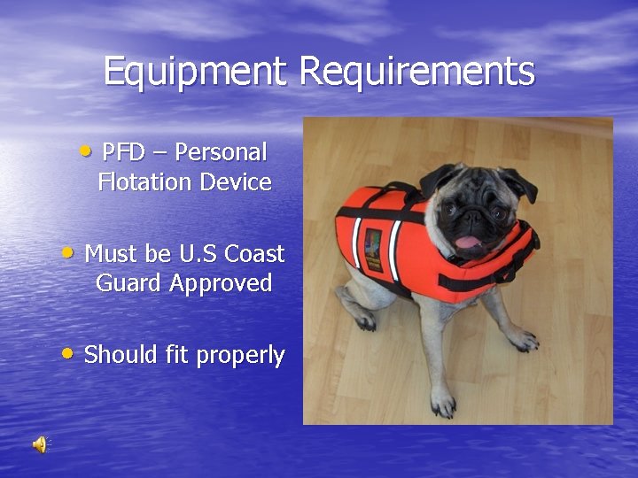 Equipment Requirements • PFD – Personal Flotation Device • Must be U. S Coast