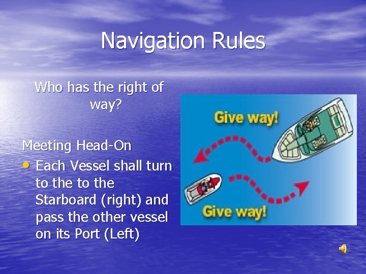 Navigation Rules Who has the right of way? Meeting Head-On • Each Vessel shall