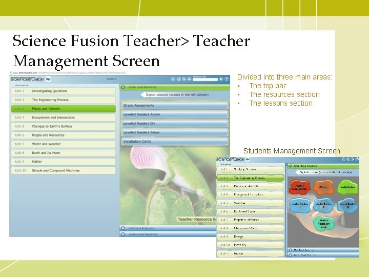 Science Fusion Teacher> Teacher Management Screen Divided into three main areas: • The top