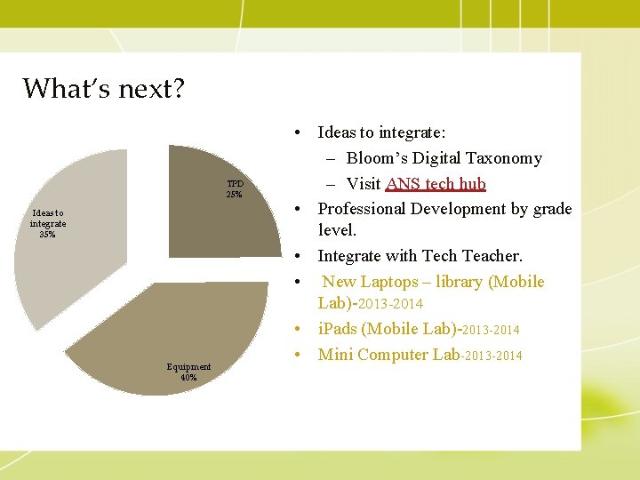 What’s next? TPD 25% Ideas to integrate 35% Equipment 40% • Ideas to integrate: