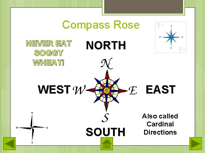 Compass Rose NEVER EAT SOGGY WHEAT! NORTH WEST EAST SOUTH Also called Cardinal Directions