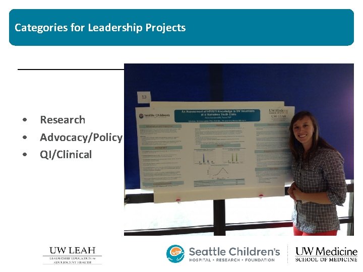 Categories for Leadership Projects • Research • Advocacy/Policy • QI/Clinical Categories for Leadership Projects • Research • Advocacy/Policy • QI/Clinical