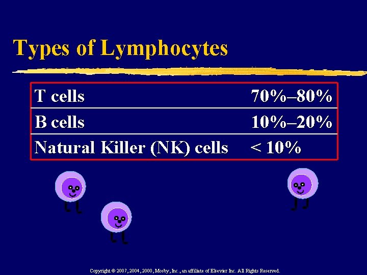 Types of Lymphocytes T cells B cells Natural Killer (NK) cells 70%– 80% 10%–