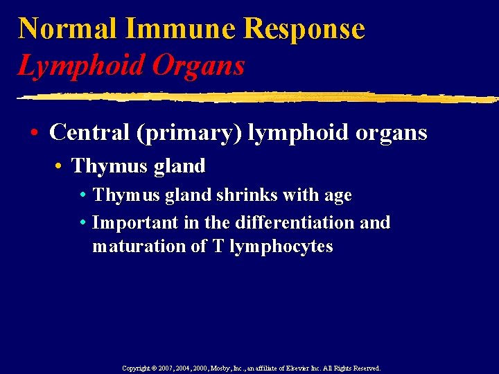 Normal Immune Response Lymphoid Organs • Central (primary) lymphoid organs • Thymus gland shrinks