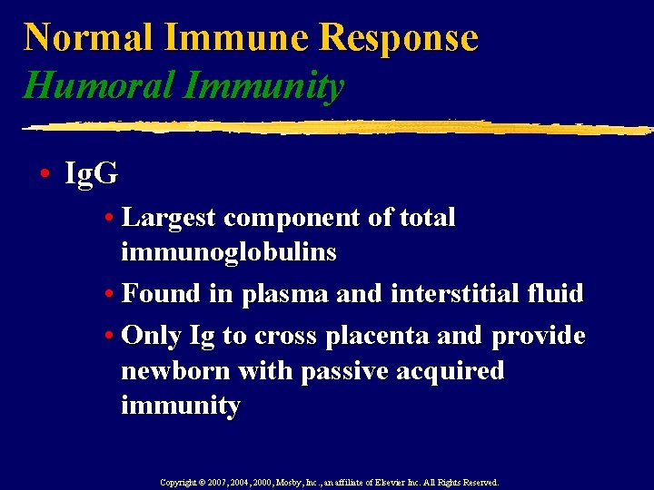 Normal Immune Response Humoral Immunity • Ig. G • Largest component of total immunoglobulins