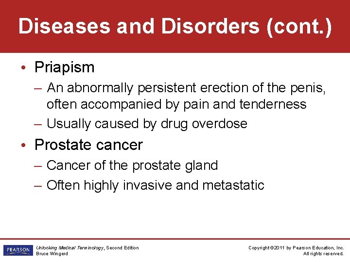 Diseases and Disorders (cont. ) • Priapism – An abnormally persistent erection of the