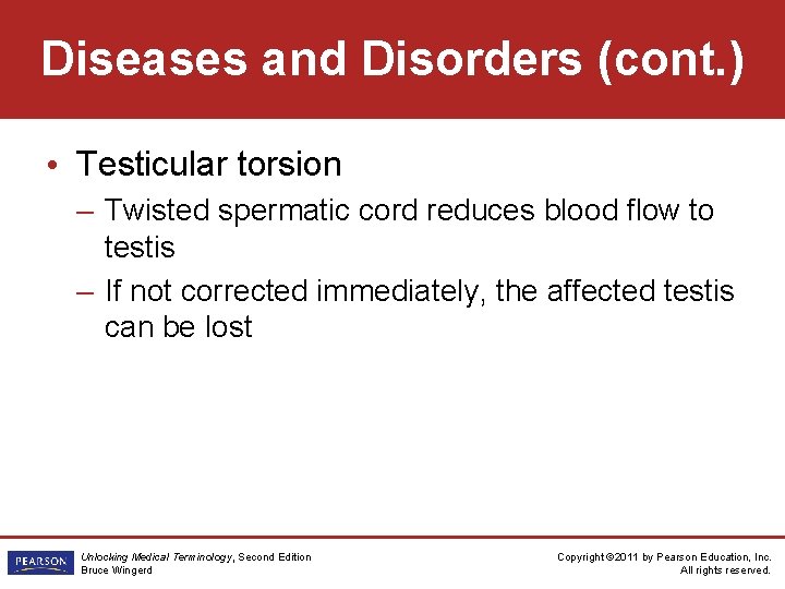 Diseases and Disorders (cont. ) • Testicular torsion – Twisted spermatic cord reduces blood