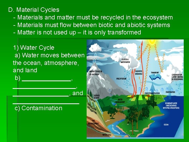 D. Material Cycles - Materials and matter must be recycled in the ecosystem -