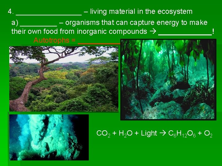 4. ________ – living material in the ecosystem a) _____ – organisms that can