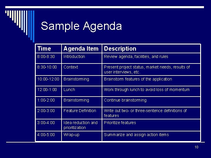 Sample Agenda Time Agenda Item Description 8: 00 -8: 30 Introduction Review agenda, facilities,