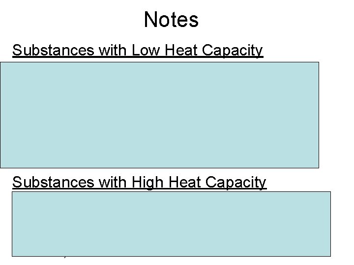 Notes Substances with Low Heat Capacity - Transfer heat energy easily (good heat conductor) Notes Substances with Low Heat Capacity - Transfer heat energy easily (good heat conductor)