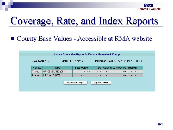 Both Rainfall Example Coverage, Rate, and Index Reports n County Base Values - Accessible