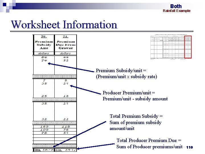 Both Rainfall Example Worksheet Information Premium Subsidy/unit = (Premium/unit x subsidy rate) Producer Premium/unit