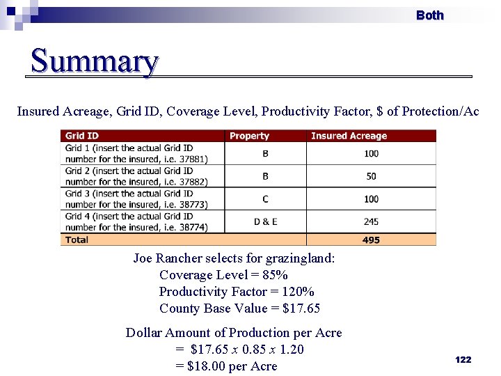 Both Summary Insured Acreage, Grid ID, Coverage Level, Productivity Factor, $ of Protection/Ac Joe