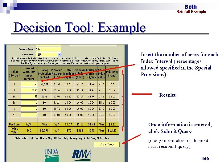 Both Rainfall Example Decision Tool: Example Insert the number of acres for each Index