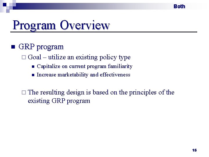 Both Program Overview n GRP program ¨ Goal n n – utilize an existing