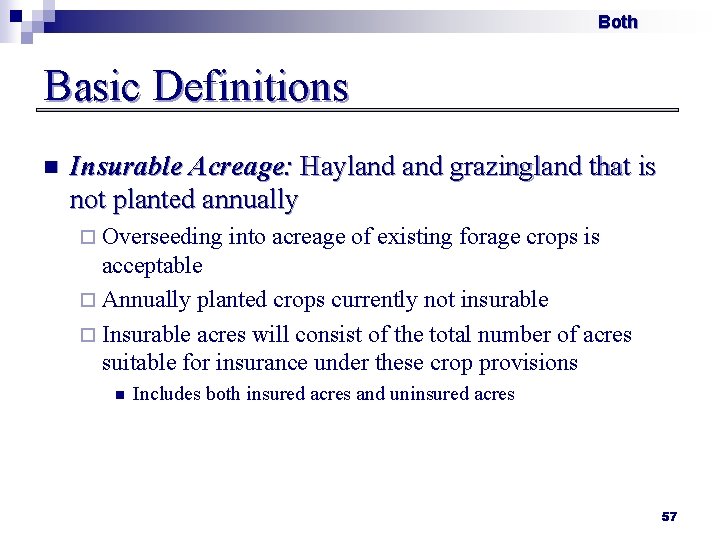 Both Basic Definitions n Insurable Acreage: Hayland grazingland that is not planted annually ¨