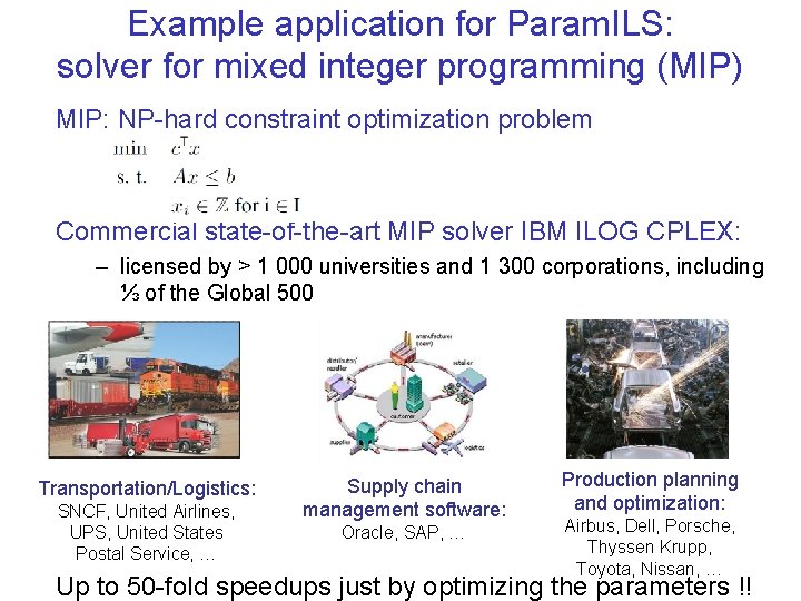 Example application for Param. ILS: solver for mixed integer programming (MIP) MIP: NP-hard constraint