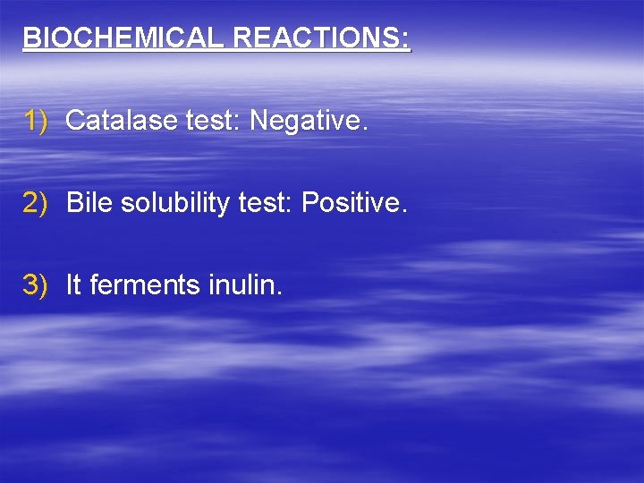 BIOCHEMICAL REACTIONS: 1) Catalase test: Negative. 2) Bile solubility test: Positive. 3) It ferments BIOCHEMICAL REACTIONS: 1) Catalase test: Negative. 2) Bile solubility test: Positive. 3) It ferments