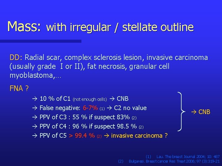 Mass: with irregular / stellate outline DD: Radial scar, complex sclerosis lesion, invasive carcinoma