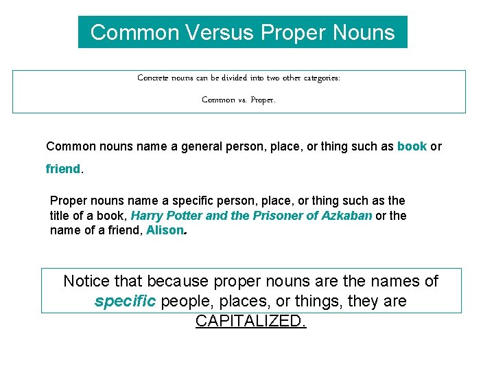 Common Versus Proper Nouns Concrete nouns can be divided into two other categories: Common