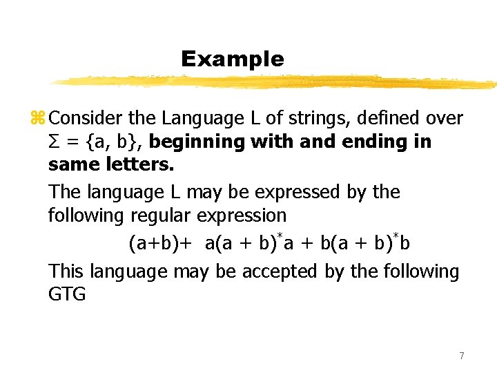 Example z Consider the Language L of strings, defined over Σ = {a, b},