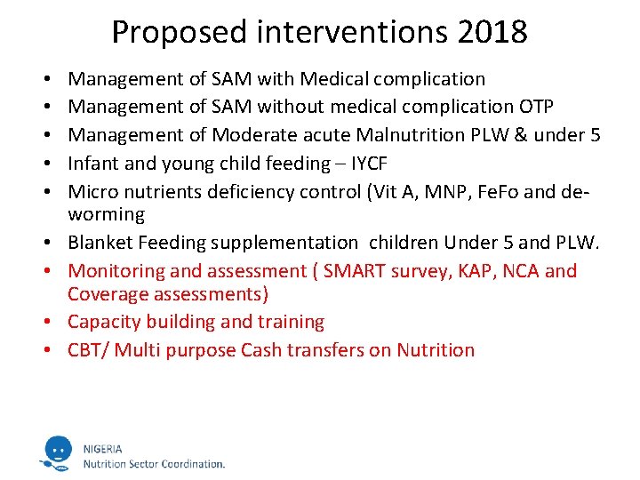 Proposed interventions 2018 • • • Management of SAM with Medical complication Management of