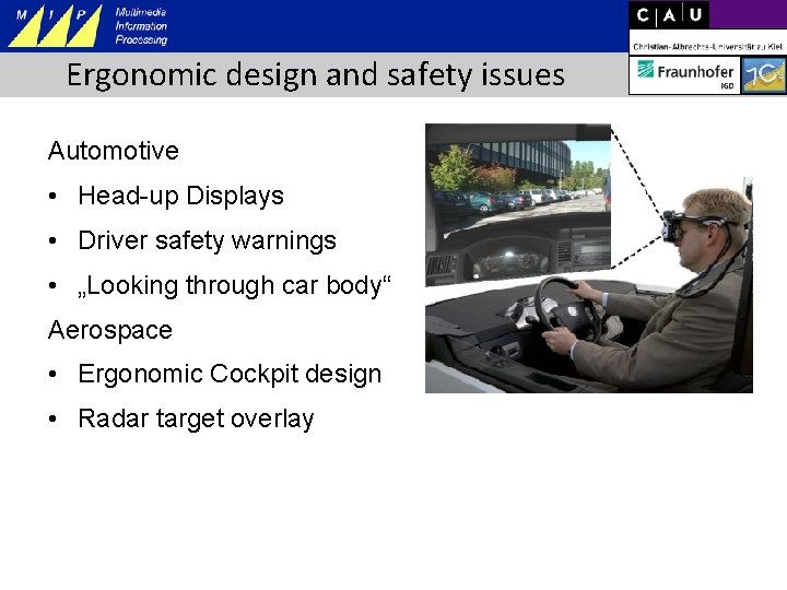 Ergonomic design and safety issues Automotive • Head-up Displays • Driver safety warnings •