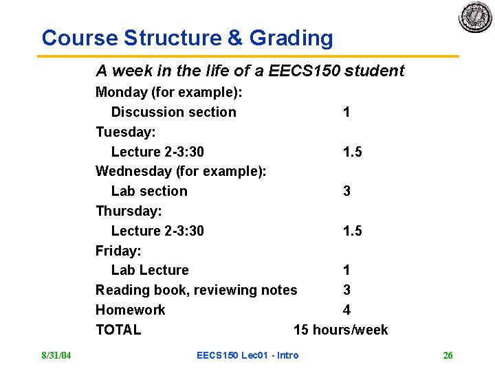 Course Structure & Grading A week in the life of a EECS 150 student