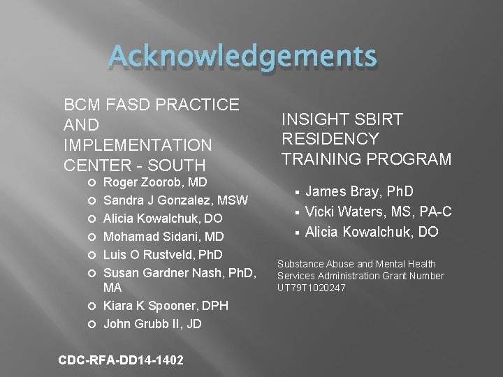Acknowledgements BCM FASD PRACTICE AND IMPLEMENTATION CENTER - SOUTH Roger Zoorob, MD Sandra J