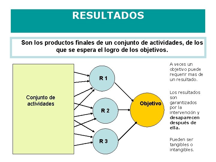 RESULTADOS Son los productos finales de un conjunto de actividades, de los que se