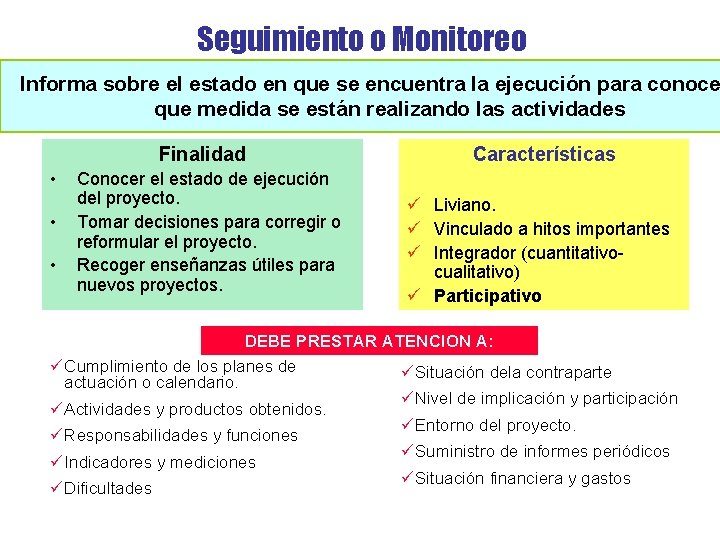 Seguimiento o Monitoreo Informa sobre el estado en que se encuentra la ejecución para