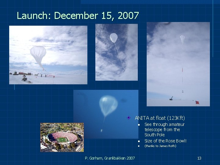 Launch: December 15, 2007 ANITA at float (123 Kft) n See through amateur telescope Launch: December 15, 2007 ANITA at float (123 Kft) n See through amateur telescope
